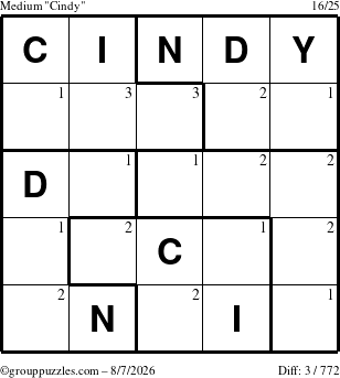 The grouppuzzles.com Medium Cindy puzzle for Friday August 7, 2026 with the first 3 steps marked