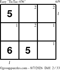 The grouppuzzles.com Easy TicTac-456 puzzle for Friday August 7, 2026, suitable for printing, with all 2 steps marked
