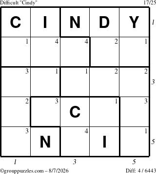 The grouppuzzles.com Difficult Cindy puzzle for Friday August 7, 2026, suitable for printing, with all 4 steps marked