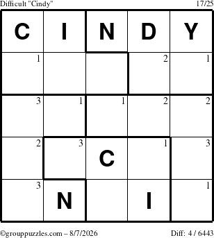 The grouppuzzles.com Difficult Cindy puzzle for Friday August 7, 2026 with the first 3 steps marked