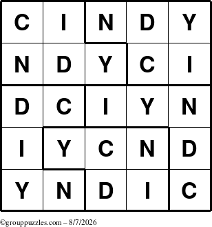 The grouppuzzles.com Answer grid for the Cindy puzzle for Friday August 7, 2026