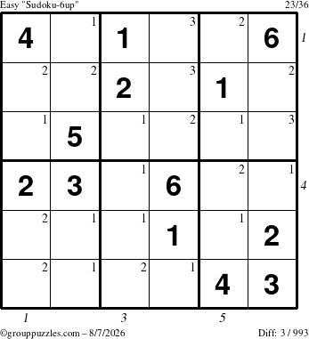 The grouppuzzles.com Easy Sudoku-6up puzzle for Friday August 7, 2026 with all 3 steps marked