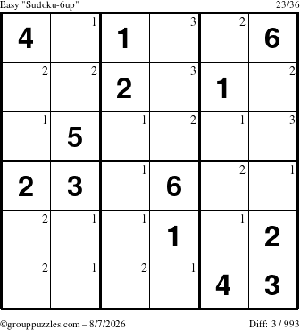 The grouppuzzles.com Easy Sudoku-6up puzzle for Friday August 7, 2026 with the first 3 steps marked