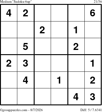 The grouppuzzles.com Medium Sudoku-6up puzzle for Friday August 7, 2026