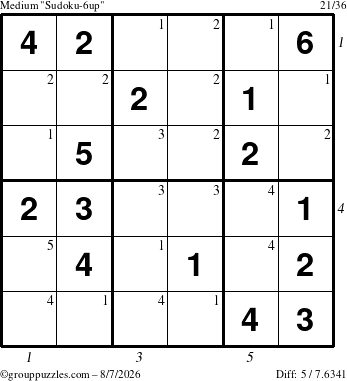 The grouppuzzles.com Medium Sudoku-6up puzzle for Friday August 7, 2026, suitable for printing, with all 5 steps marked