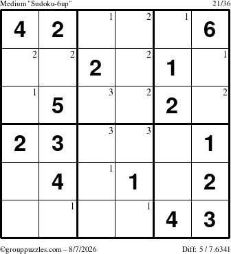 The grouppuzzles.com Medium Sudoku-6up puzzle for Friday August 7, 2026 with the first 3 steps marked