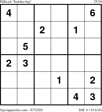 The grouppuzzles.com Difficult Sudoku-6up puzzle for Friday August 7, 2026