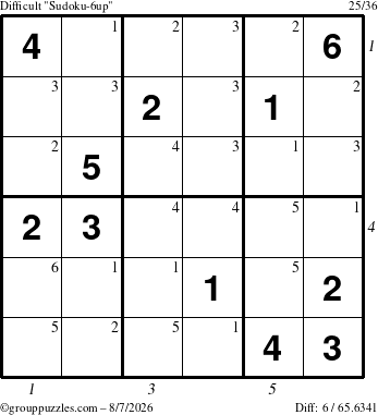 The grouppuzzles.com Difficult Sudoku-6up puzzle for Friday August 7, 2026 with all 6 steps marked
