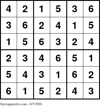 The grouppuzzles.com Answer grid for the Sudoku-6up puzzle for Friday August 7, 2026