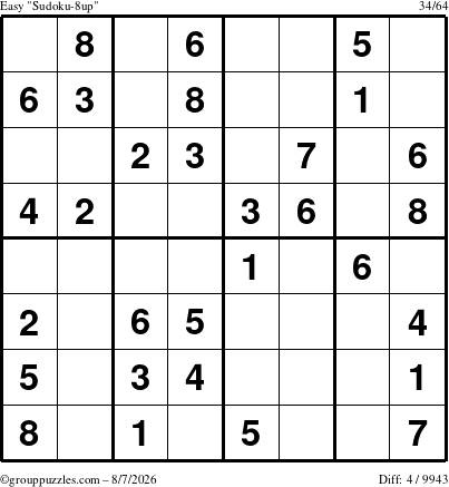 The grouppuzzles.com Easy Sudoku-8up puzzle for Friday August 7, 2026
