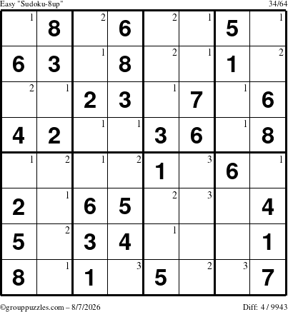 The grouppuzzles.com Easy Sudoku-8up puzzle for Friday August 7, 2026 with the first 3 steps marked