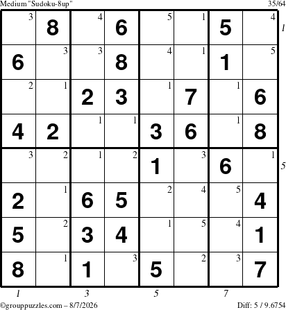 The grouppuzzles.com Medium Sudoku-8up puzzle for Friday August 7, 2026 with all 5 steps marked