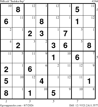 The grouppuzzles.com Difficult Sudoku-8up puzzle for Friday August 7, 2026 with all 12 steps marked