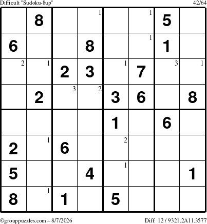 The grouppuzzles.com Difficult Sudoku-8up puzzle for Friday August 7, 2026 with the first 3 steps marked
