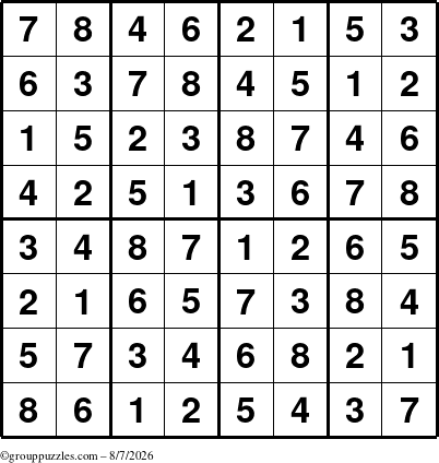 The grouppuzzles.com Answer grid for the Sudoku-8up puzzle for Friday August 7, 2026