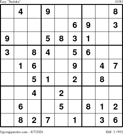 The grouppuzzles.com Easy Sudoku puzzle for Friday August 7, 2026