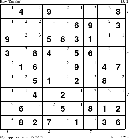 The grouppuzzles.com Easy Sudoku puzzle for Friday August 7, 2026, suitable for printing, with all 3 steps marked