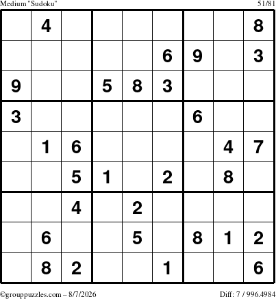 The grouppuzzles.com Medium Sudoku puzzle for Friday August 7, 2026