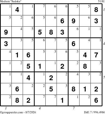 The grouppuzzles.com Medium Sudoku puzzle for Friday August 7, 2026 with all 7 steps marked