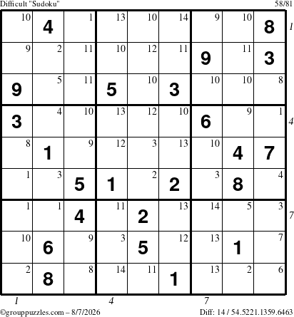 The grouppuzzles.com Difficult Sudoku puzzle for Friday August 7, 2026 with all 14 steps marked