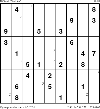 The grouppuzzles.com Difficult Sudoku puzzle for Friday August 7, 2026 with the first 3 steps marked