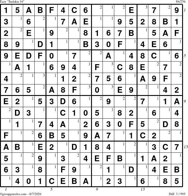 The grouppuzzles.com Easy Sudoku-16 puzzle for Friday August 7, 2026, suitable for printing, with all 3 steps marked
