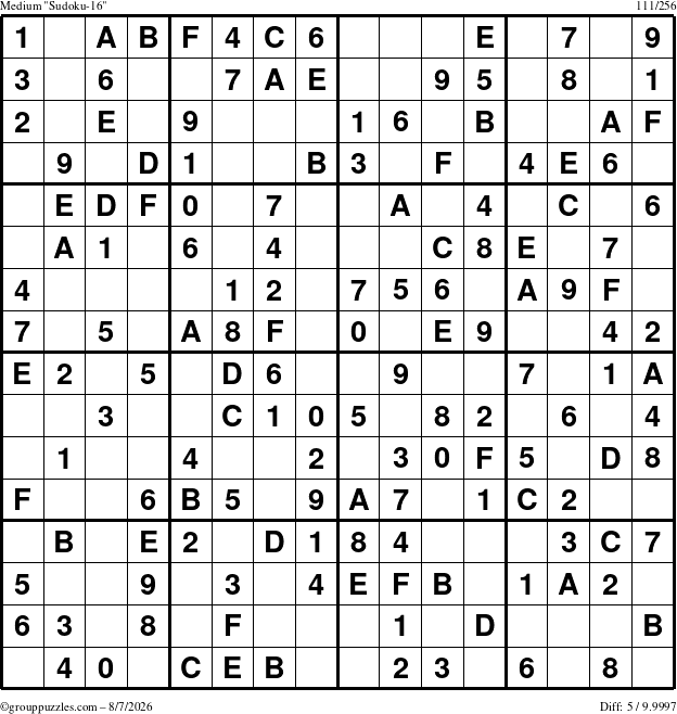The grouppuzzles.com Medium Sudoku-16 puzzle for Friday August 7, 2026