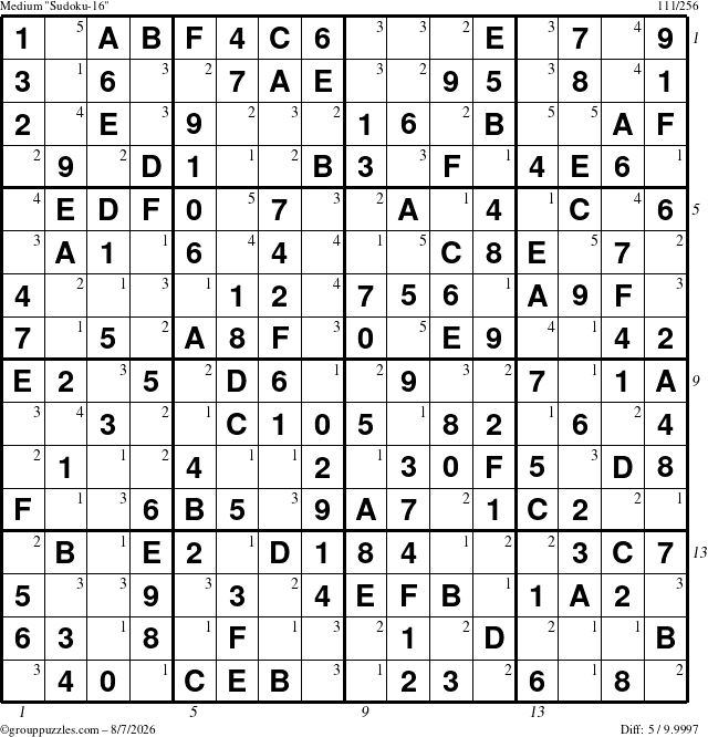 The grouppuzzles.com Medium Sudoku-16 puzzle for Friday August 7, 2026 with all 5 steps marked