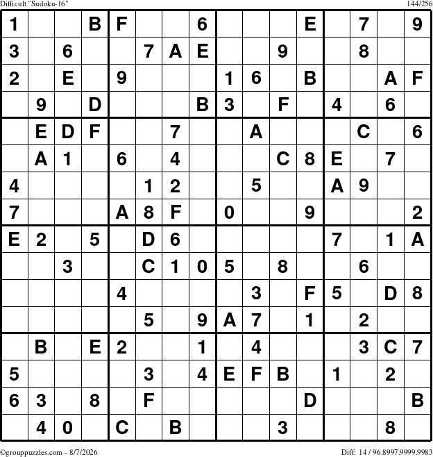 The grouppuzzles.com Difficult Sudoku-16 puzzle for Friday August 7, 2026