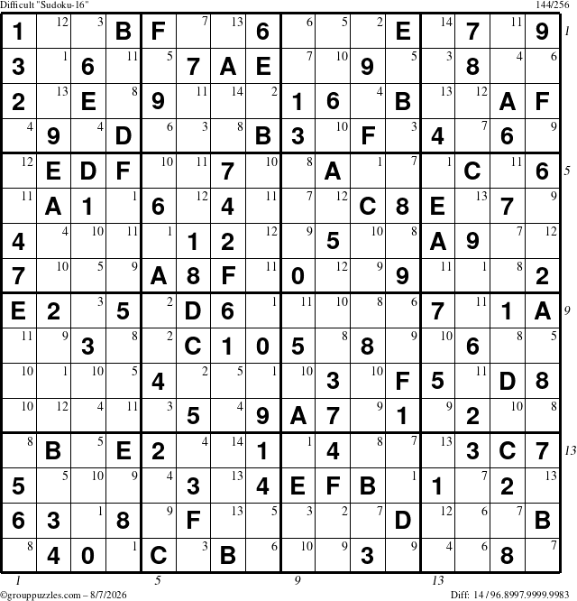 The grouppuzzles.com Difficult Sudoku-16 puzzle for Friday August 7, 2026 with all 14 steps marked