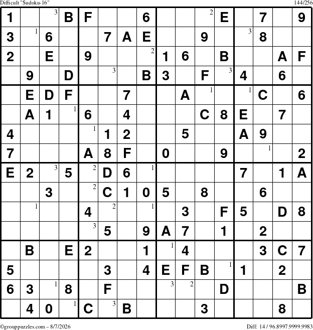 The grouppuzzles.com Difficult Sudoku-16 puzzle for Friday August 7, 2026 with the first 3 steps marked