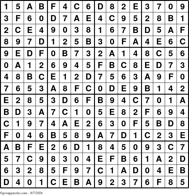 The grouppuzzles.com Answer grid for the Sudoku-16 puzzle for Friday August 7, 2026