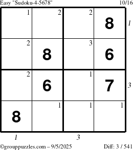 The grouppuzzles.com Easy Sudoku-4-5678 puzzle for Friday September 5, 2025 with all 3 steps marked