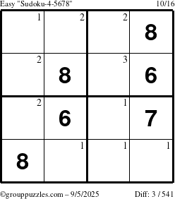 The grouppuzzles.com Easy Sudoku-4-5678 puzzle for Friday September 5, 2025 with the first 3 steps marked