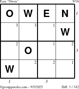 The grouppuzzles.com Easy Owen puzzle for Friday September 5, 2025 with all 3 steps marked