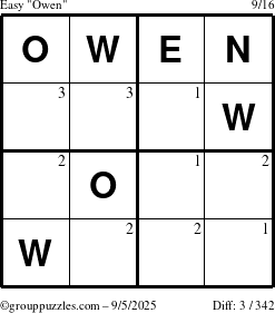 The grouppuzzles.com Easy Owen puzzle for Friday September 5, 2025 with the first 3 steps marked