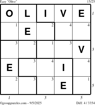 The grouppuzzles.com Easy Olive puzzle for Friday September 5, 2025 with all 4 steps marked