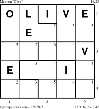 The grouppuzzles.com Medium Olive puzzle for Friday September 5, 2025 with all 6 steps marked