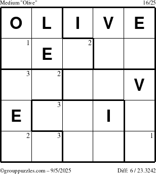 The grouppuzzles.com Medium Olive puzzle for Friday September 5, 2025 with the first 3 steps marked
