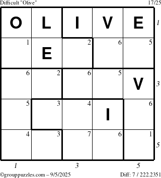 The grouppuzzles.com Difficult Olive puzzle for Friday September 5, 2025 with all 7 steps marked