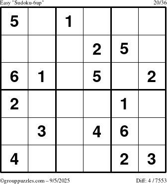 The grouppuzzles.com Easy Sudoku-6up puzzle for Friday September 5, 2025