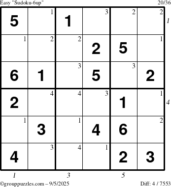 The grouppuzzles.com Easy Sudoku-6up puzzle for Friday September 5, 2025 with all 4 steps marked