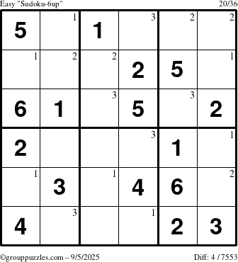 The grouppuzzles.com Easy Sudoku-6up puzzle for Friday September 5, 2025 with the first 3 steps marked