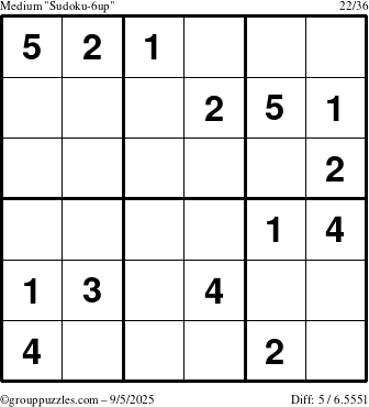 The grouppuzzles.com Medium Sudoku-6up puzzle for Friday September 5, 2025