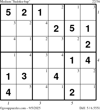 The grouppuzzles.com Medium Sudoku-6up puzzle for Friday September 5, 2025 with all 5 steps marked