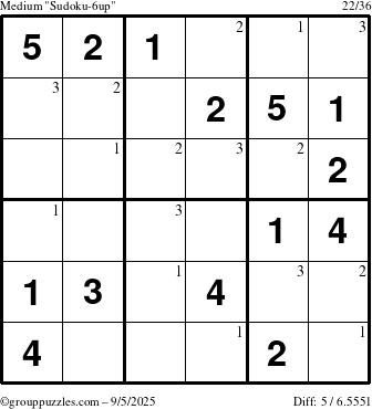 The grouppuzzles.com Medium Sudoku-6up puzzle for Friday September 5, 2025 with the first 3 steps marked