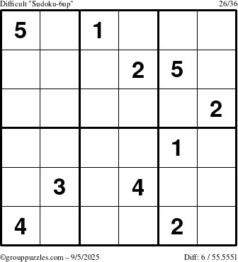 The grouppuzzles.com Difficult Sudoku-6up puzzle for Friday September 5, 2025