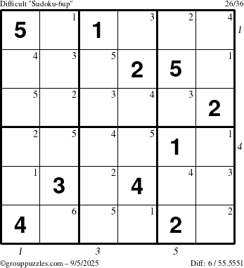 The grouppuzzles.com Difficult Sudoku-6up puzzle for Friday September 5, 2025 with all 6 steps marked