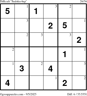 The grouppuzzles.com Difficult Sudoku-6up puzzle for Friday September 5, 2025 with the first 3 steps marked