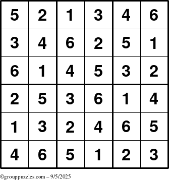 The grouppuzzles.com Answer grid for the Sudoku-6up puzzle for Friday September 5, 2025
